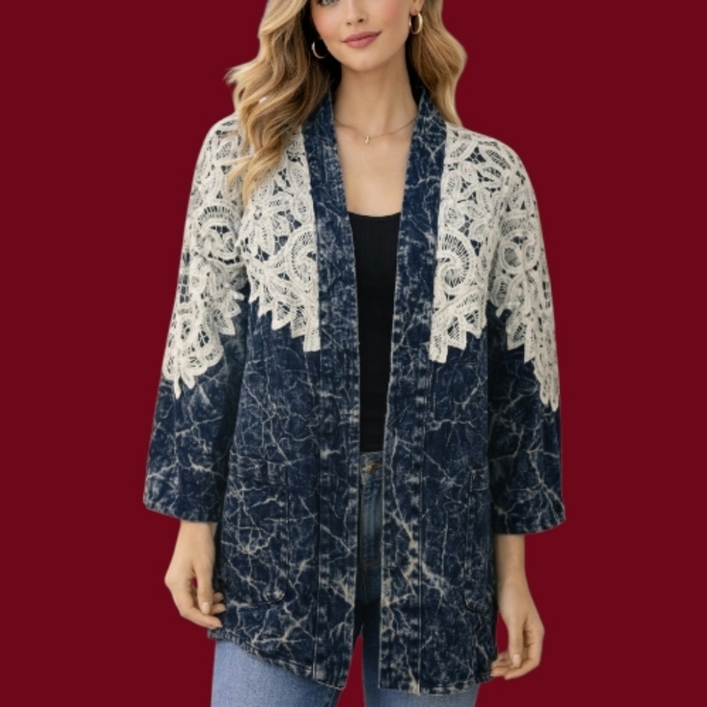 Vtg ULTRA 1980s Oversized White Lace Stonewash Denim Open Front Topper Jacket